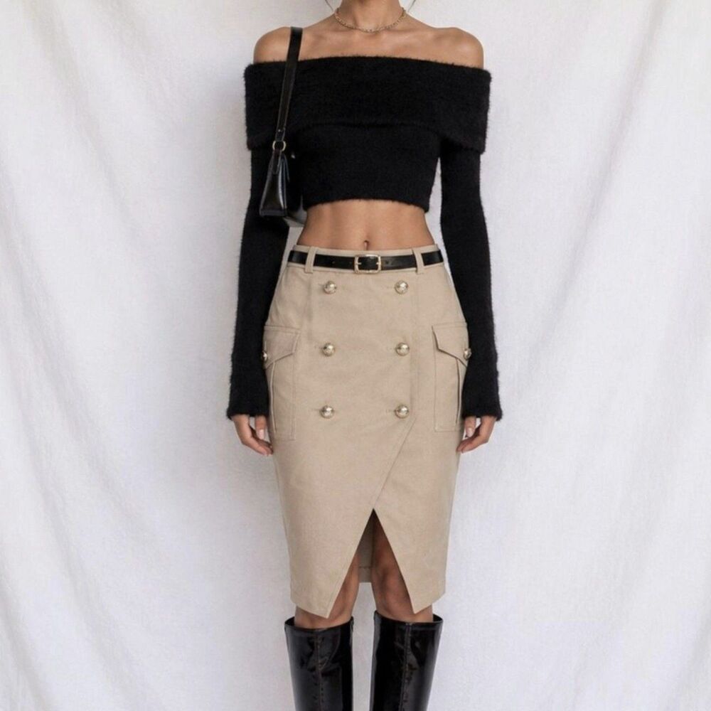 Vintage Y2K Brown Beige Double Breasted Front Knee Length Bodycon Skirt Size XS